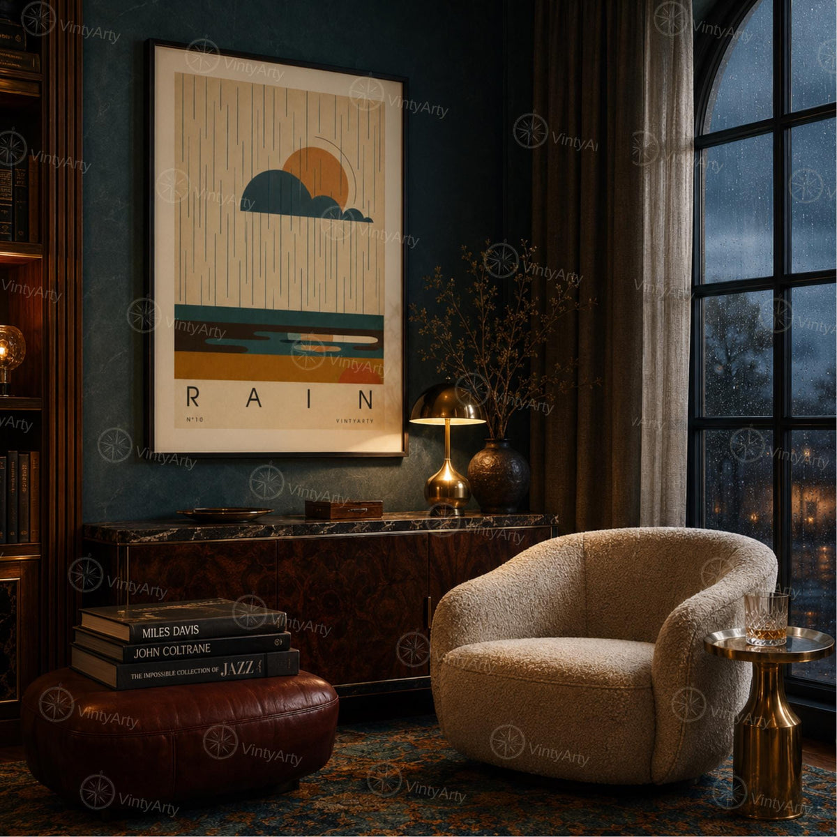 Affiche pluie, nuage et soleil au-dessus des flaques, illustration mid-century, décoration murale