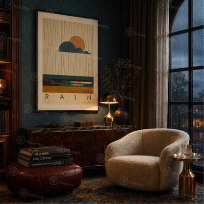 Affiche pluie, nuage et soleil au-dessus des flaques, illustration mid-century, décoration murale
