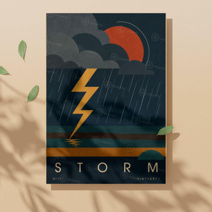 Affiche orage, éclair jaune sur ciel de nuit, illustration mid-century, décoration murale sombre