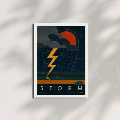 Affiche orage, éclair jaune sur ciel de nuit, illustration mid-century, décoration murale sombre
