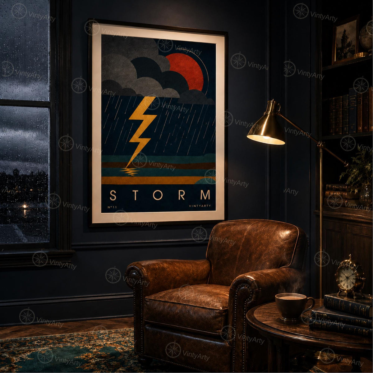 Affiche orage, éclair jaune sur ciel de nuit, illustration mid-century, décoration murale sombre