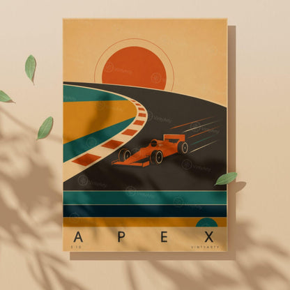 Affiche sport automobile, monoplace dans le virage au soleil couchant, illustration mid-century