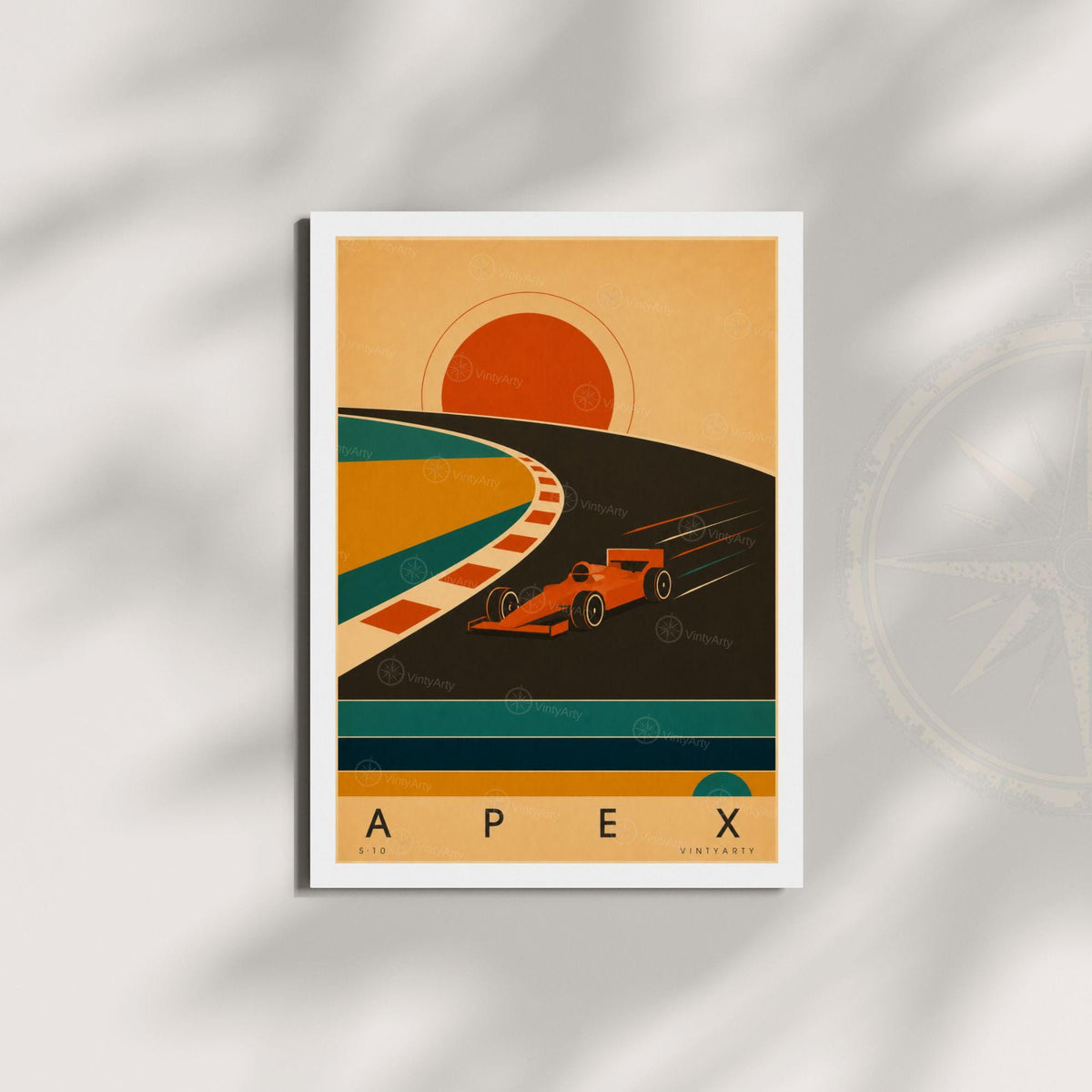Affiche sport automobile, monoplace dans le virage au soleil couchant, illustration mid-century