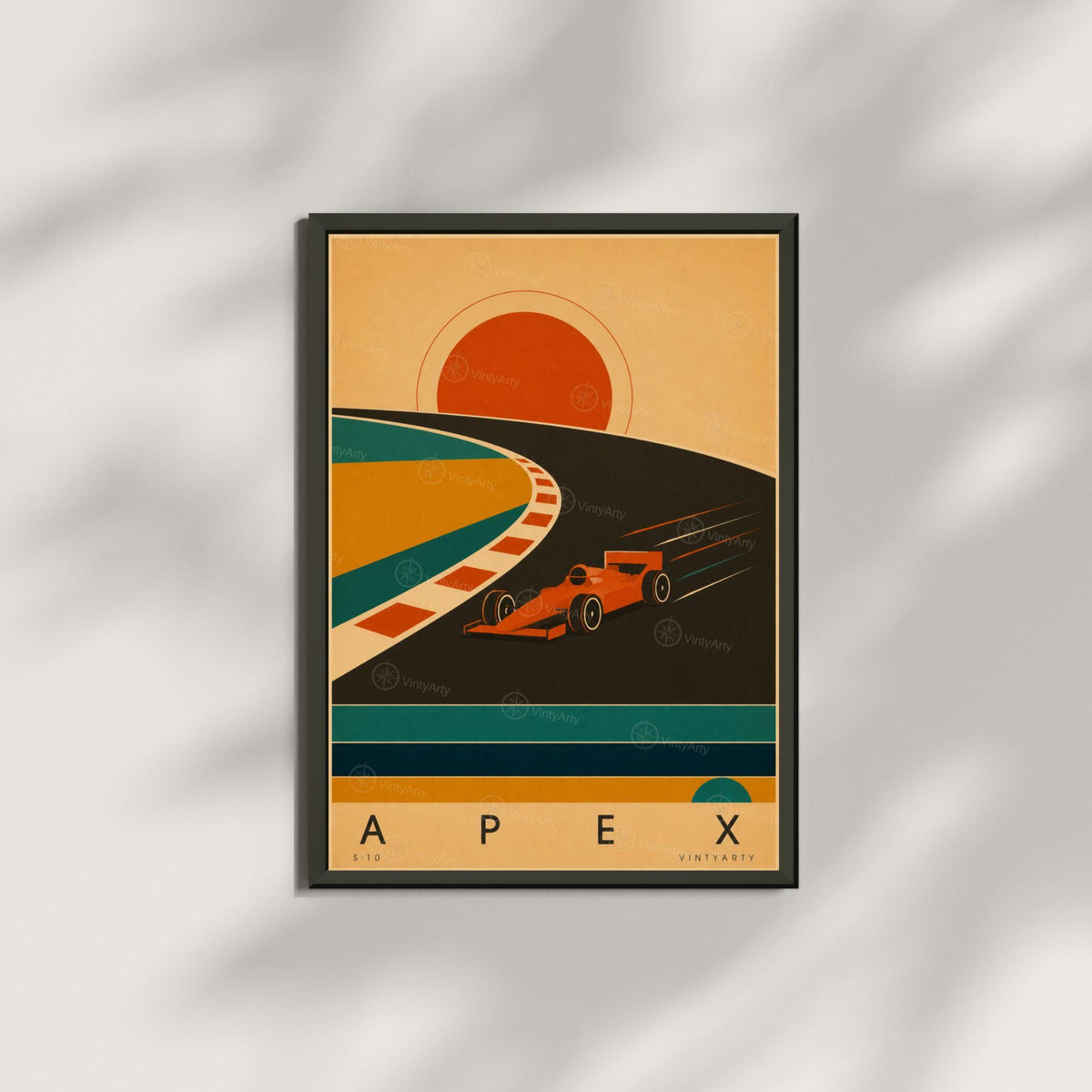Affiche sport automobile, monoplace dans le virage au soleil couchant, illustration mid-century