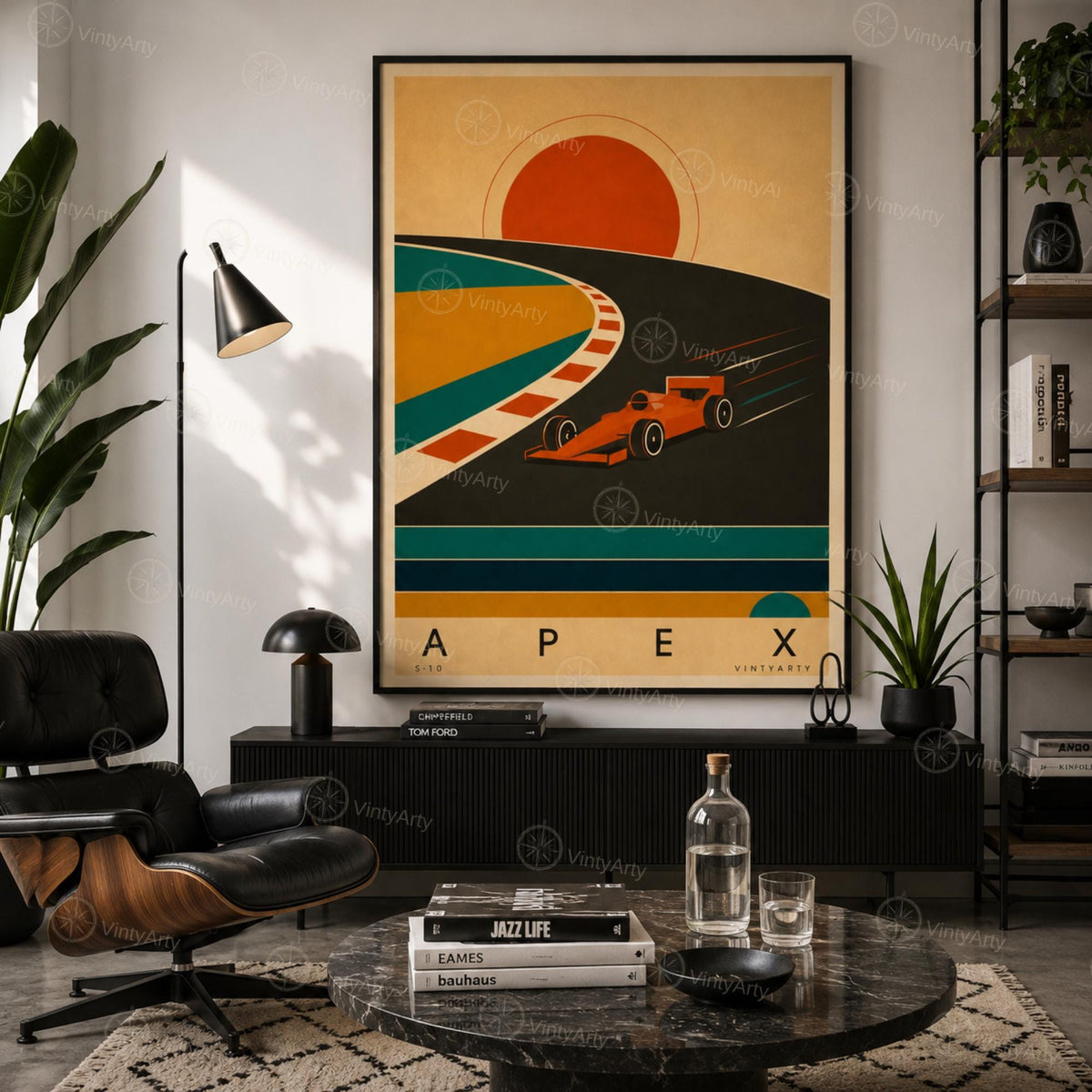 Affiche sport automobile, monoplace dans le virage au soleil couchant, illustration mid-century