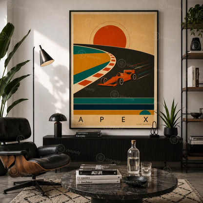 Affiche sport automobile, monoplace dans le virage au soleil couchant, illustration mid-century