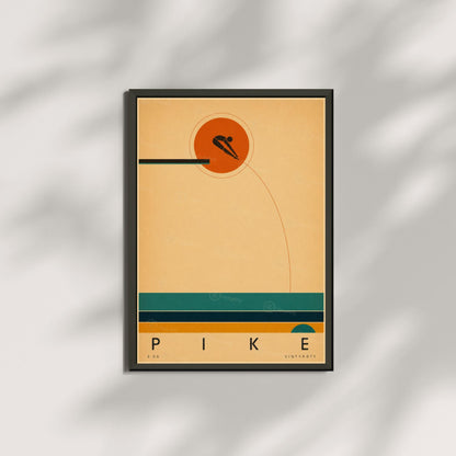 Affiche plongeon, plongeur en position carpée devant le soleil, illustration mid-century épurée