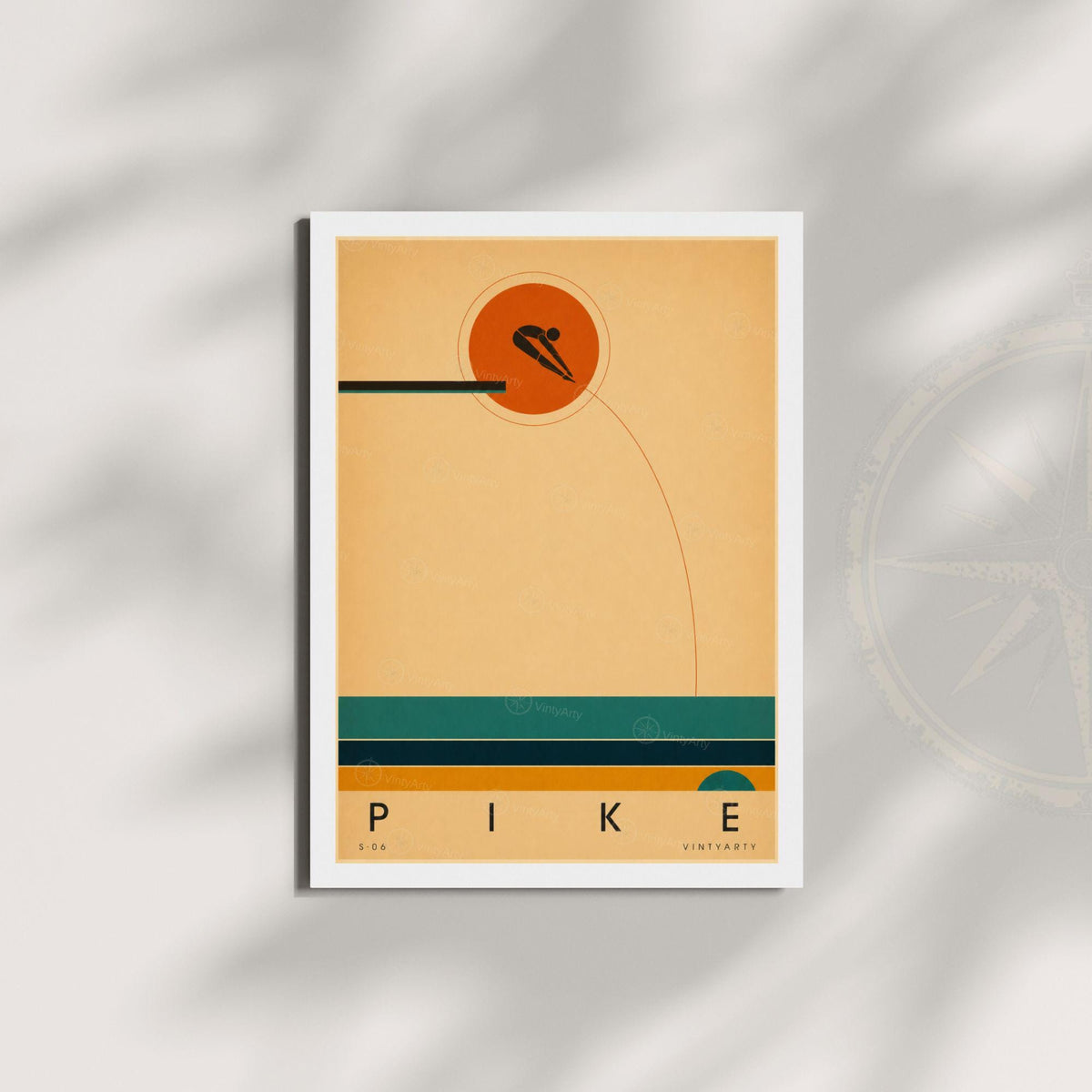Affiche plongeon, plongeur en position carpée devant le soleil, illustration mid-century épurée