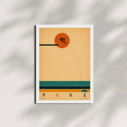 Affiche plongeon, plongeur en position carpée devant le soleil, illustration mid-century épurée