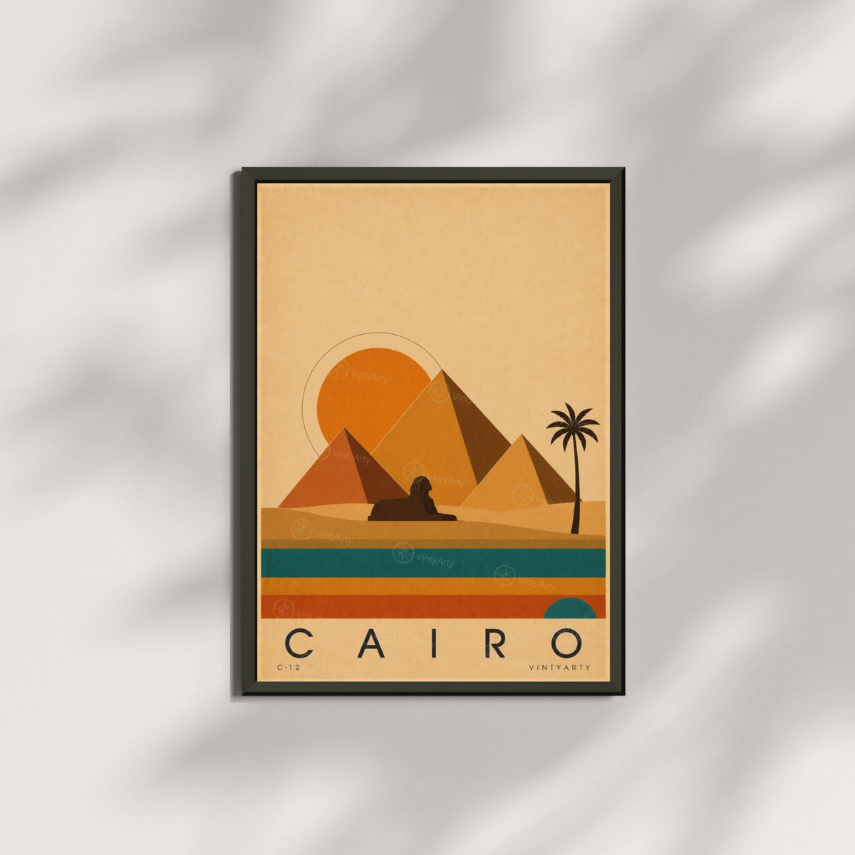 Affiche Le Caire, pyramides et sphinx au soleil couchant, illustration mid-century, art mural voyage