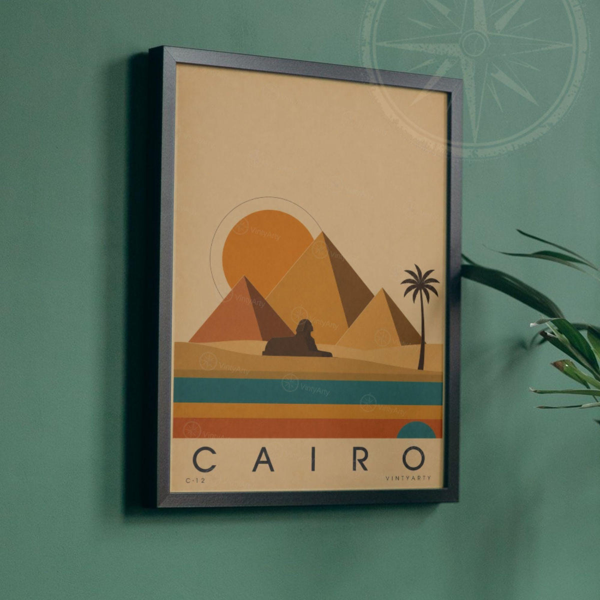 Affiche Le Caire, pyramides et sphinx au soleil couchant, illustration mid-century, art mural voyage
