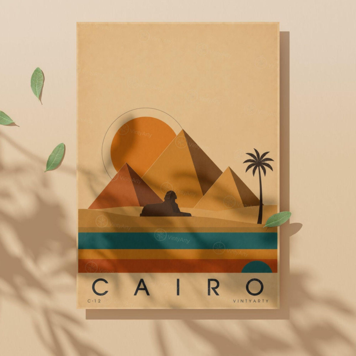 Affiche Le Caire, pyramides et sphinx au soleil couchant, illustration mid-century, art mural voyage