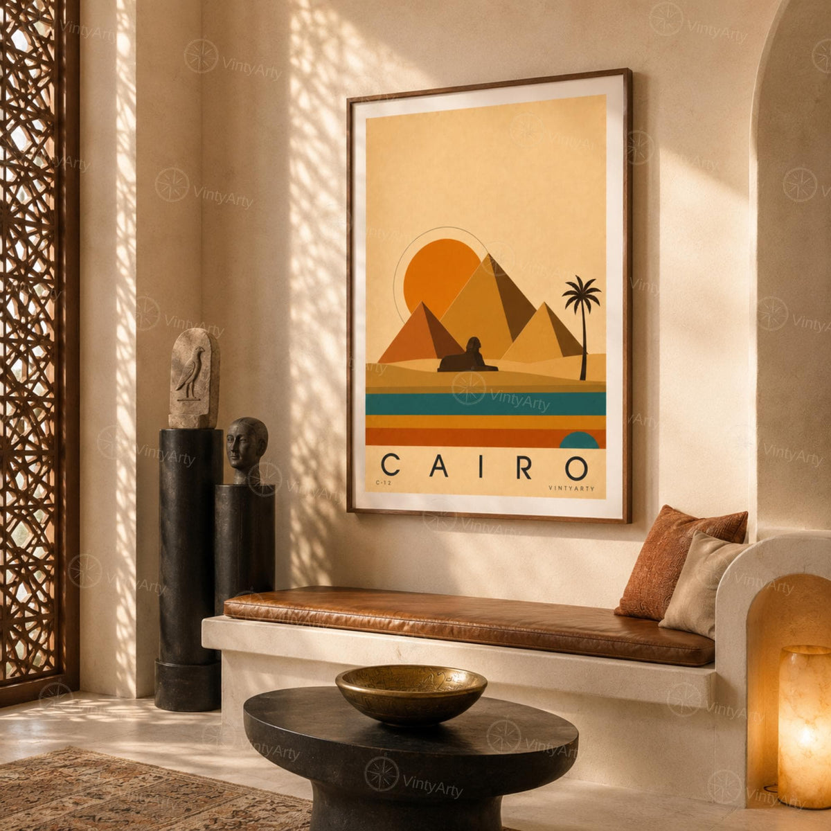 Affiche Le Caire, pyramides et sphinx au soleil couchant, illustration mid-century, art mural voyage