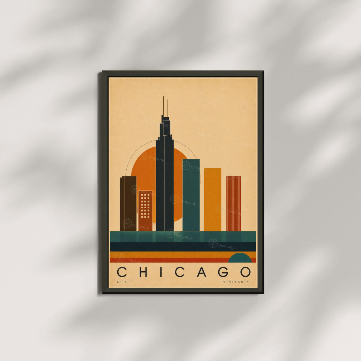 Affiche Chicago, skyline en aplats colorés au soleil couchant, illustration mid-century, art mural
