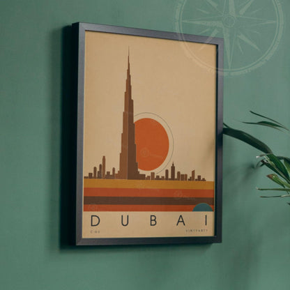 Affiche Dubaï, la skyline au soleil couchant, illustration mid-century, décoration murale voyage