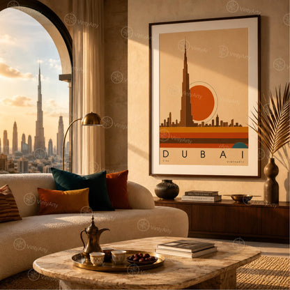 Affiche Dubaï, la skyline au soleil couchant, illustration mid-century, décoration murale voyage
