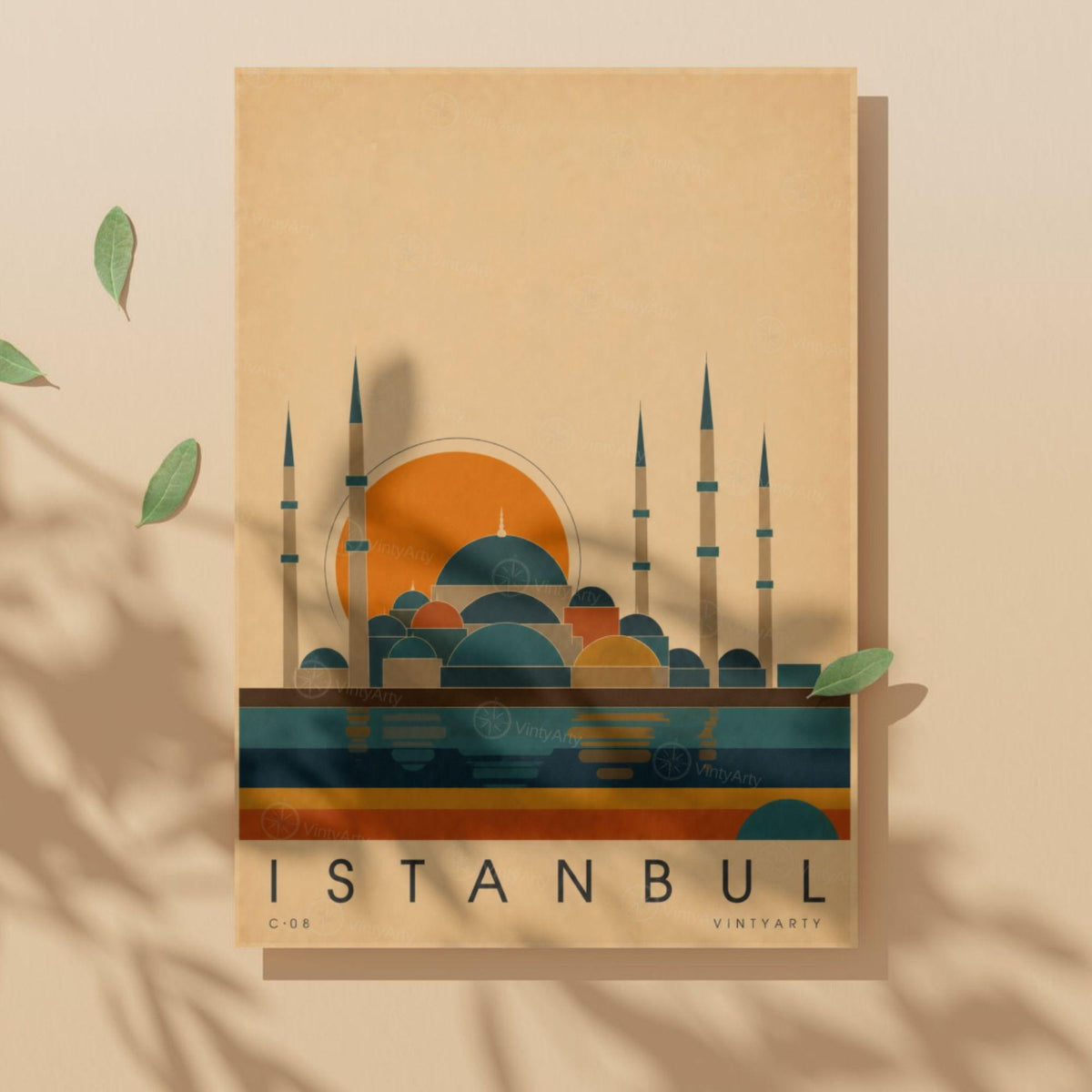 Affiche Istanbul, mosquée ottomane et reflets sur le Bosphore, illustration mid-century, art mural