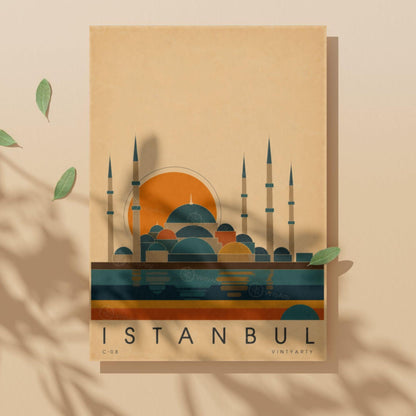 Affiche Istanbul, mosquée ottomane et reflets sur le Bosphore, illustration mid-century, art mural