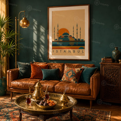 Affiche Istanbul, mosquée ottomane et reflets sur le Bosphore, illustration mid-century, art mural