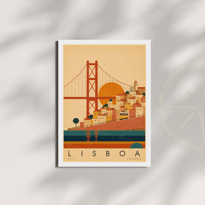 Affiche Lisbonne, le pont, les collines et le tramway jaune, illustration mid-century, art mural