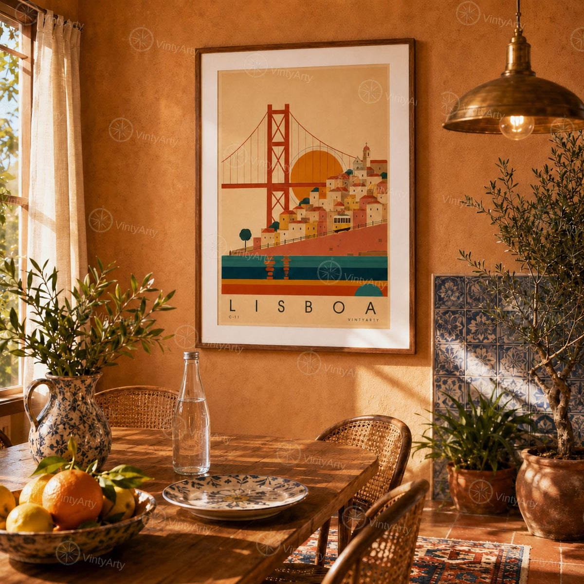Affiche Lisbonne, le pont, les collines et le tramway jaune, illustration mid-century, art mural