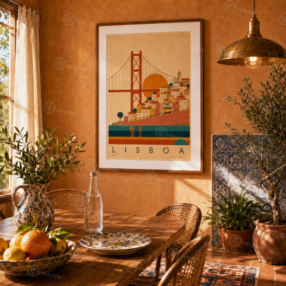 Affiche Lisbonne, le pont, les collines et le tramway jaune, illustration mid-century, art mural