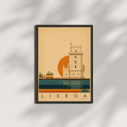 Affiche Lisbonne, la tour de Belém et le tramway jaune, illustration mid-century, art mural voyage