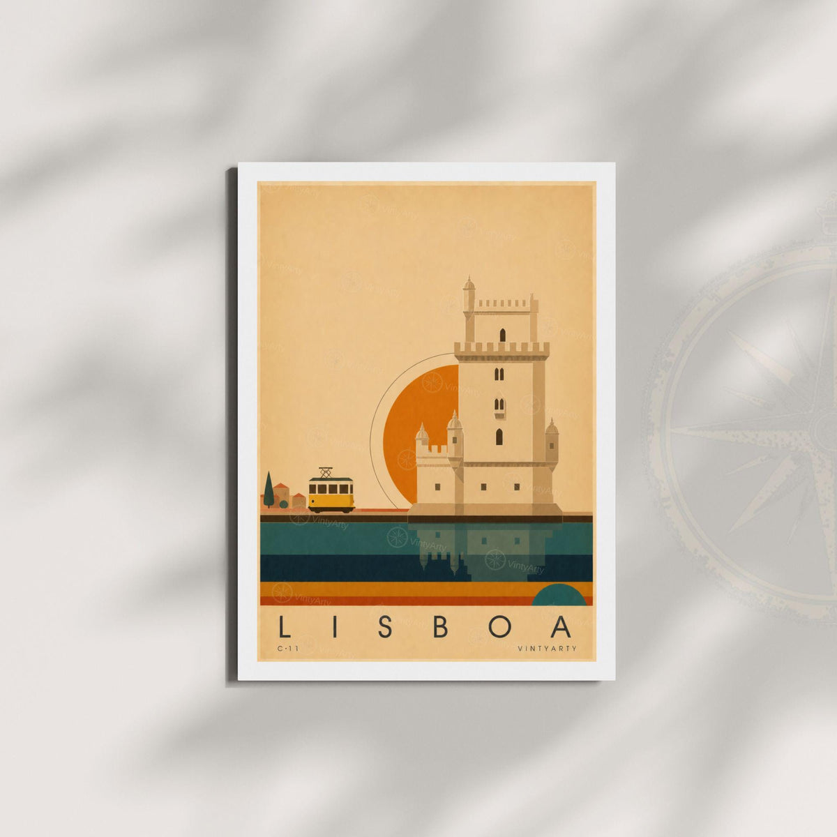 Affiche Lisbonne, la tour de Belém et le tramway jaune, illustration mid-century, art mural voyage