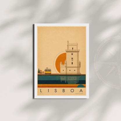 Affiche Lisbonne, la tour de Belém et le tramway jaune, illustration mid-century, art mural voyage