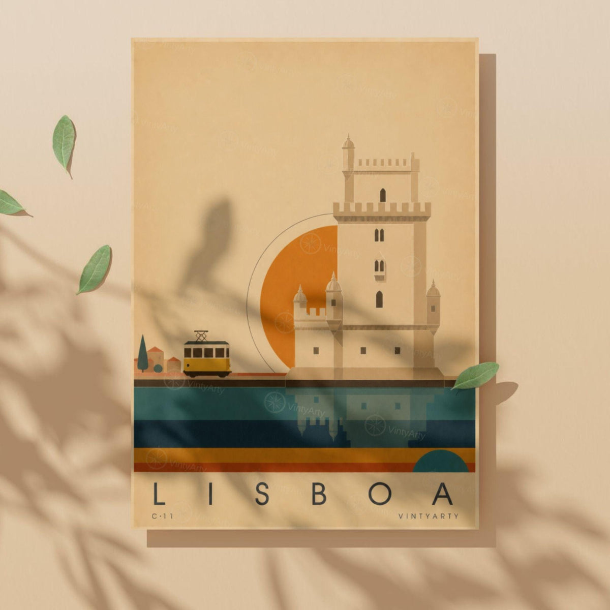 Affiche Lisbonne, la tour de Belém et le tramway jaune, illustration mid-century, art mural voyage