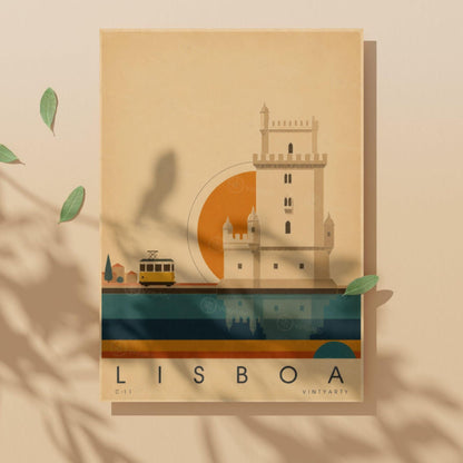 Affiche Lisbonne, la tour de Belém et le tramway jaune, illustration mid-century, art mural voyage
