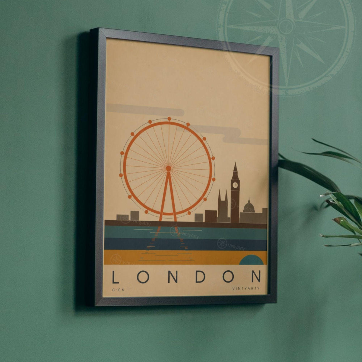 Affiche Londres, la grande roue, Big Ben et la Tamise, illustration mid-century, art mural voyage