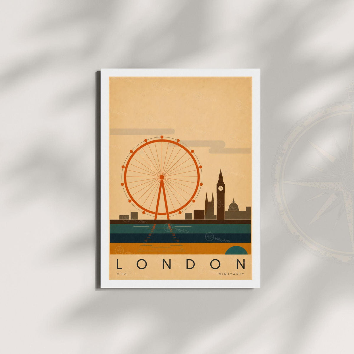Affiche Londres, la grande roue, Big Ben et la Tamise, illustration mid-century, art mural voyage
