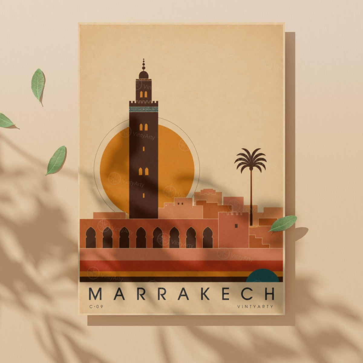 Affiche Marrakech, le minaret de la Koutoubia au soleil couchant, illustration mid-century