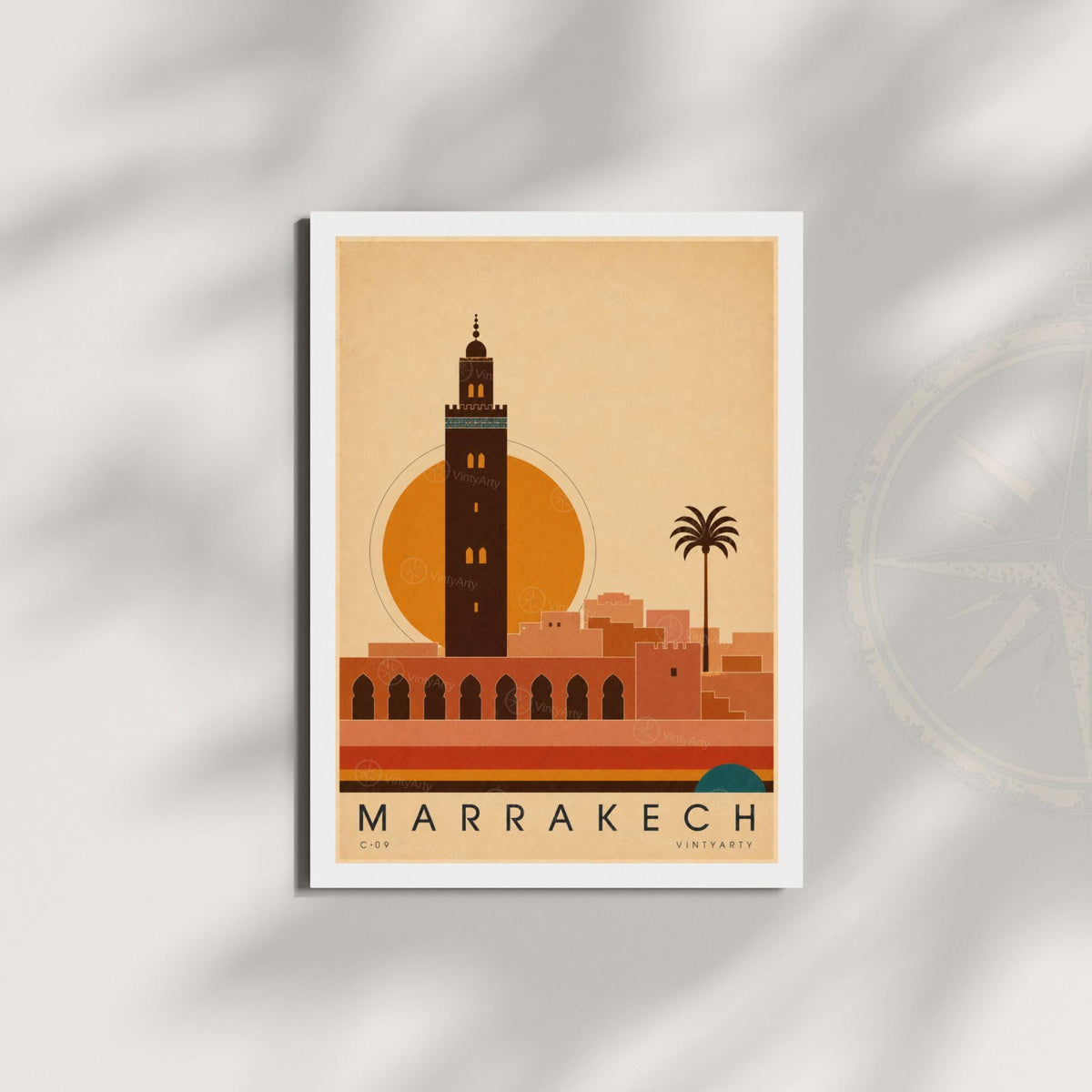 Affiche Marrakech, le minaret de la Koutoubia au soleil couchant, illustration mid-century