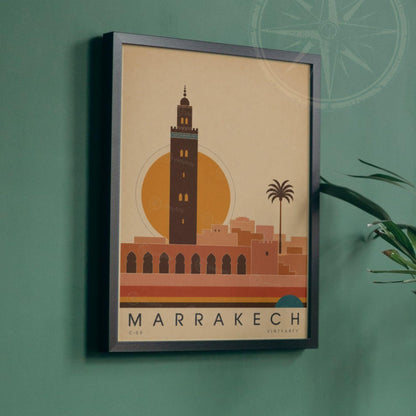Affiche Marrakech, le minaret de la Koutoubia au soleil couchant, illustration mid-century