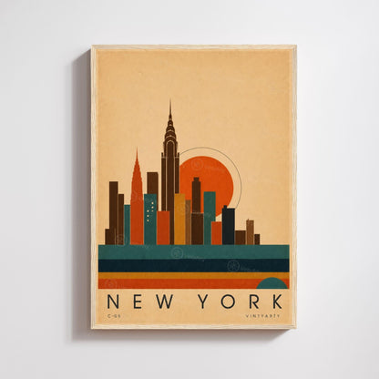 Affiche New York, la skyline Art déco au soleil couchant, illustration mid-century, art mural
