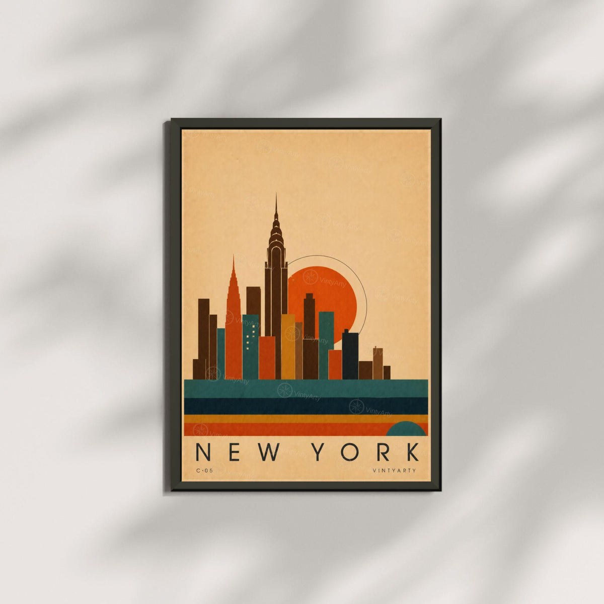 Affiche New York, la skyline Art déco au soleil couchant, illustration mid-century, art mural