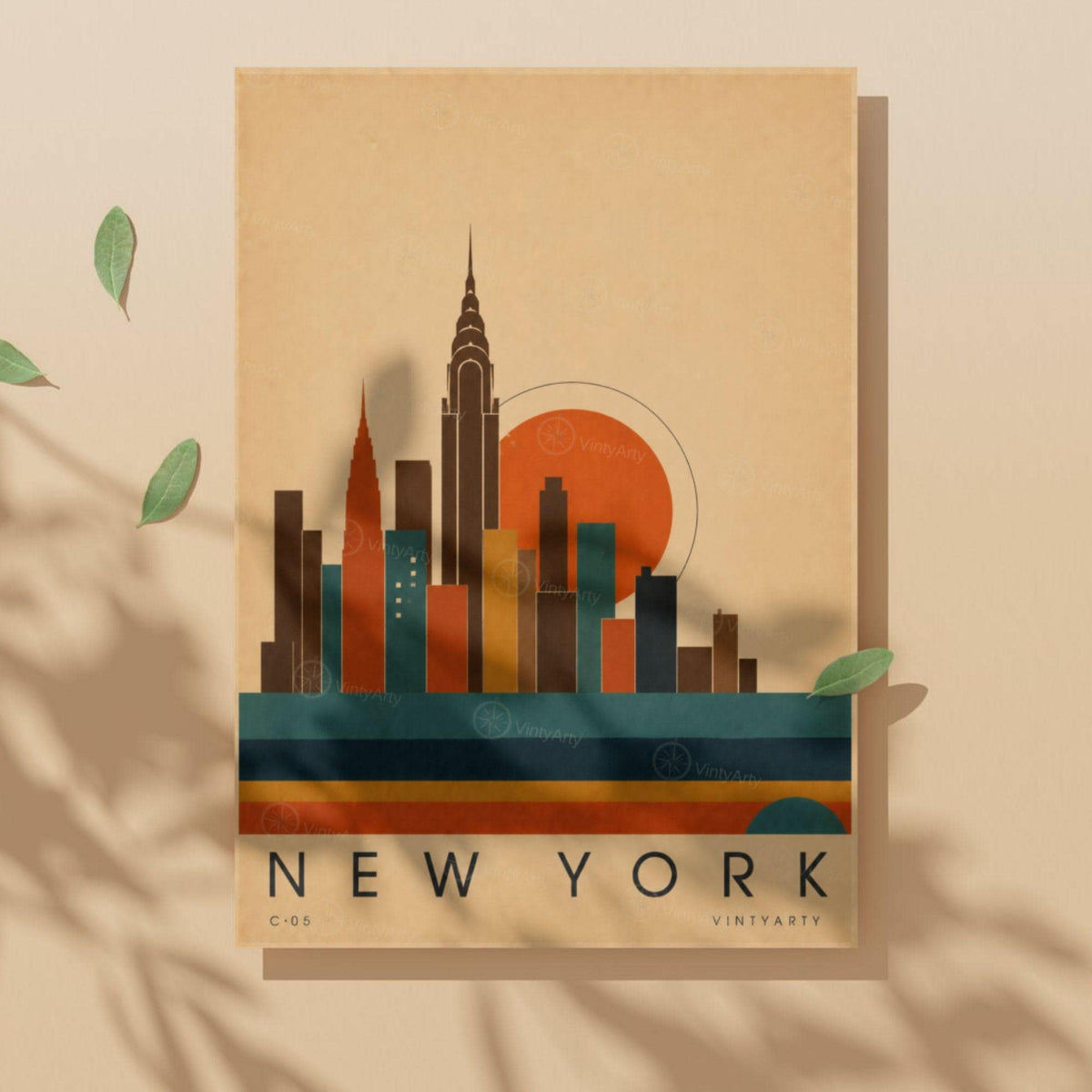 Affiche New York, la skyline Art déco au soleil couchant, illustration mid-century, art mural