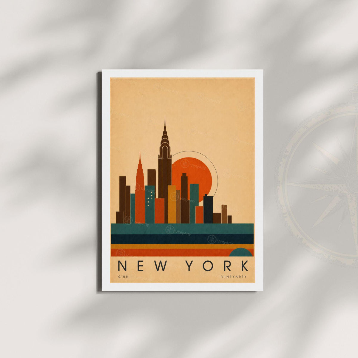 Affiche New York, la skyline Art déco au soleil couchant, illustration mid-century, art mural