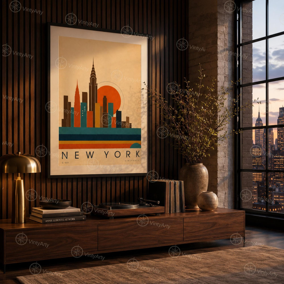Affiche New York, la skyline Art déco au soleil couchant, illustration mid-century, art mural