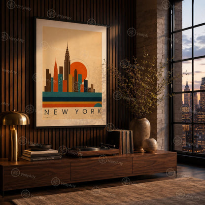 Affiche New York, la skyline Art déco au soleil couchant, illustration mid-century, art mural