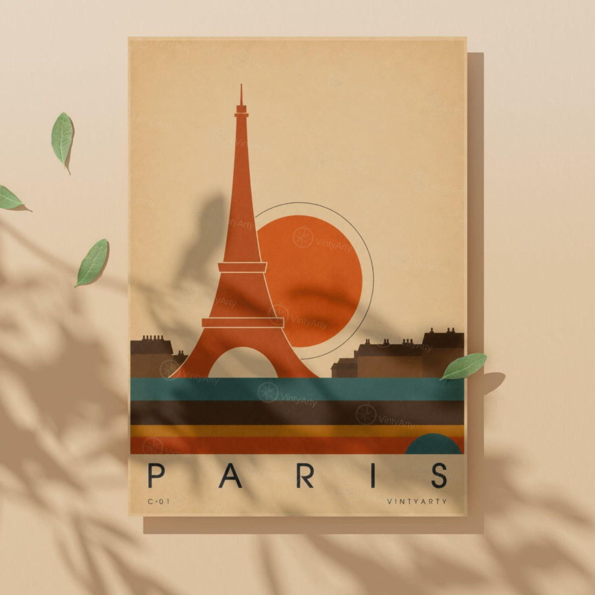 Affiche Paris, la tour Eiffel et les toits au soleil couchant, illustration mid-century, art mural