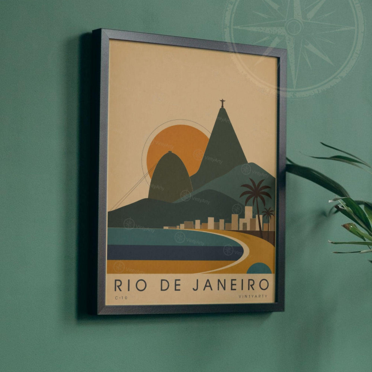 Affiche Rio de Janeiro, le Pain de Sucre et la baie au soleil couchant, illustration mid-century