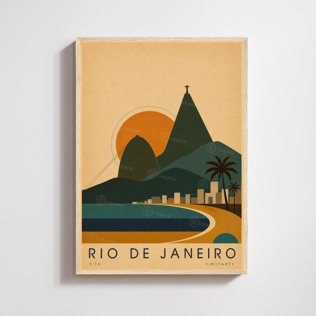 Affiche Rio de Janeiro, le Pain de Sucre et la baie au soleil couchant, illustration mid-century