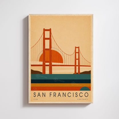 Affiche San Francisco, le pont rouge au soleil couchant, illustration mid-century, art mural voyage