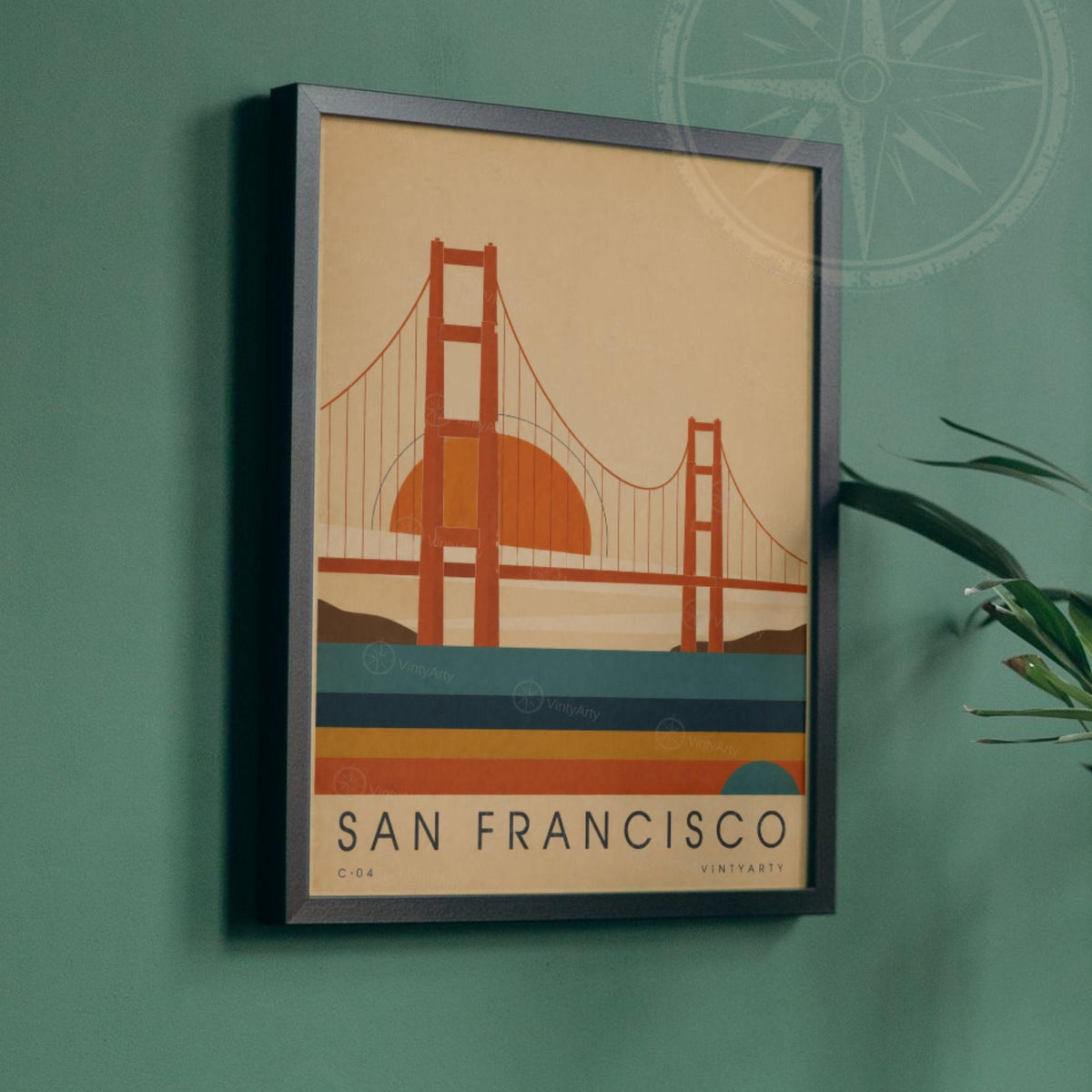 Affiche San Francisco, le pont rouge au soleil couchant, illustration mid-century, art mural voyage