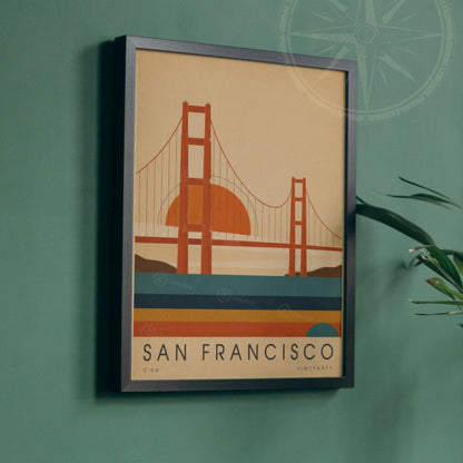Affiche San Francisco, le pont rouge au soleil couchant, illustration mid-century, art mural voyage