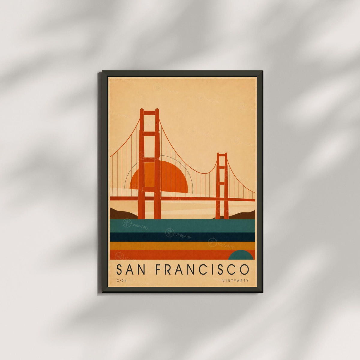 Affiche San Francisco, le pont rouge au soleil couchant, illustration mid-century, art mural voyage