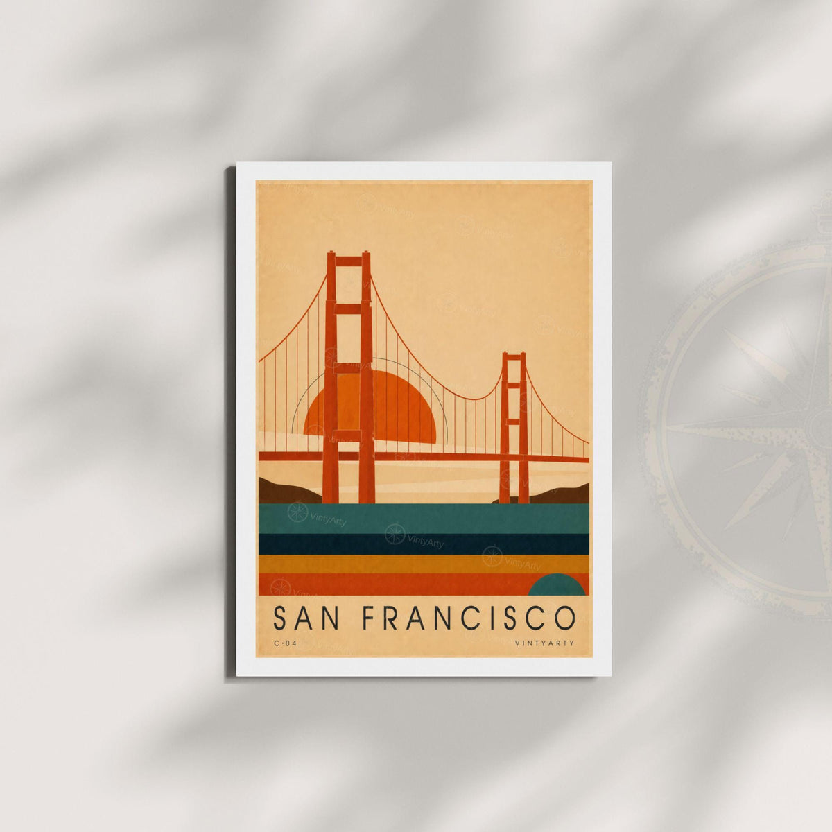 Affiche San Francisco, le pont rouge au soleil couchant, illustration mid-century, art mural voyage